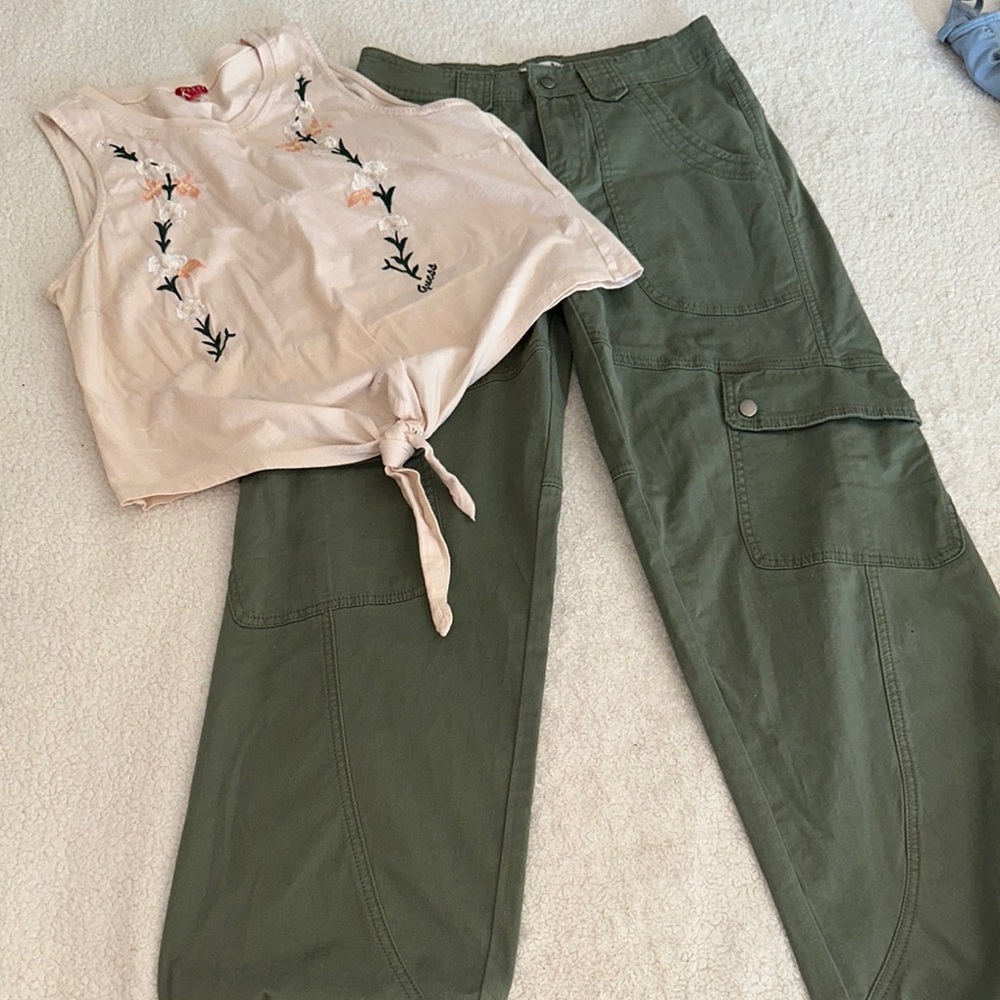 Madras Stylish Olive Green Cargo Pants/ Guess top - Picture 3 of 10